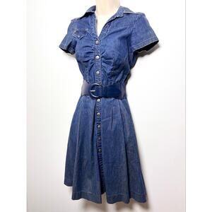 Vtg Y2K Miss Sixty Denim Button Down Fitted Midi Dress Patent Leather Belt